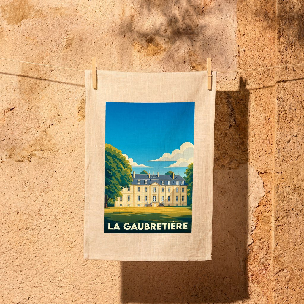 Torchon souvenir de la ville de La Gaubretière avec une illustration stylisée d'un château.