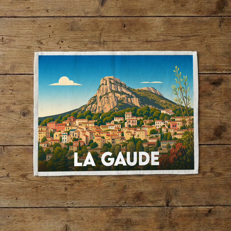 Torchon souvenir de la ville de La Gaude illustré d'un paysage provençal stylisé.