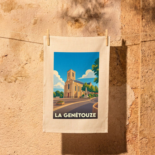 Torchon souvenir de la ville de La Genétouze avec une illustration stylisée de son église.