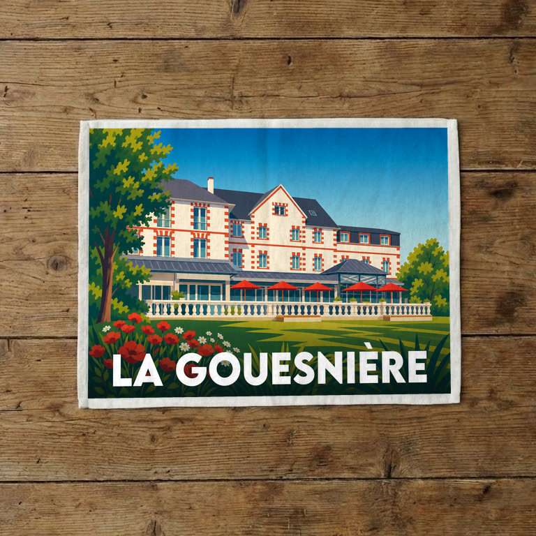 Torchon souvenir de la ville de La Gouesnière avec une illustration stylisée d'une grande demeure.