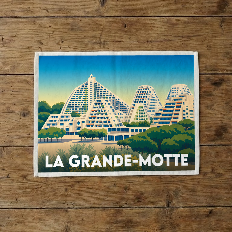 Torchon souvenir de la ville de La Grande-Motte avec une illustration stylisée de son architecture pyramidale emblématique.