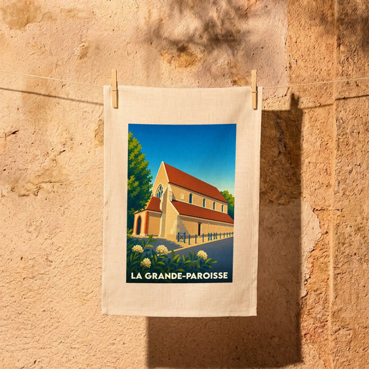 Torchon souvenir de la ville de La Grande-Paroisse avec une illustration stylisée de son église.