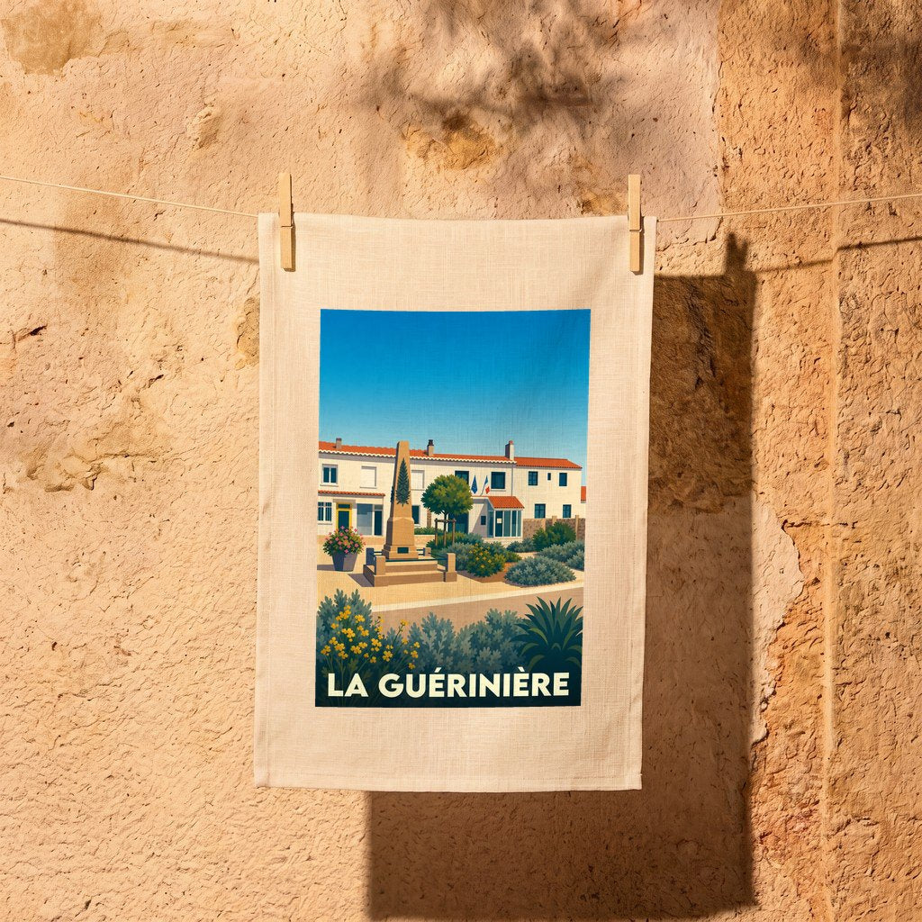 Torchon souvenir de la ville de La Guérinière avec une illustration stylisée.