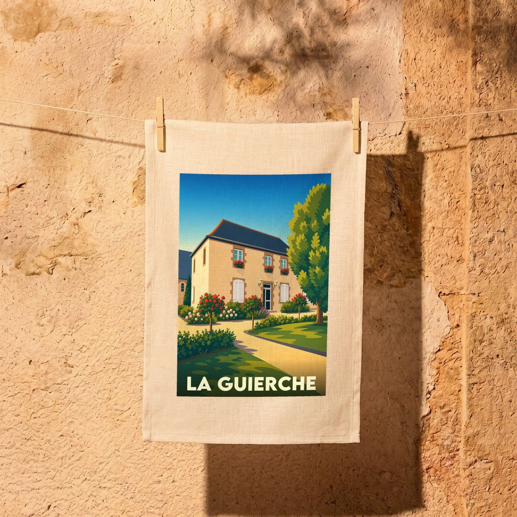 Torchon souvenir de la ville de La Guierche avec une illustration stylisée d'une maison de maître et son jardin.