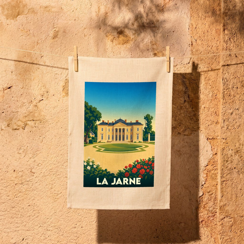 Torchon souvenir de la ville de La Jarne avec une illustration stylisée d'un domaine.