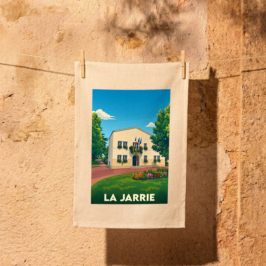 Torchon souvenir de la ville de La Jarrie avec une illustration stylisée.