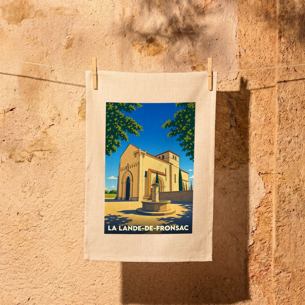Torchon souvenir de la ville de La Lande-de-Fronsac illustré d'un dessin stylisé de son église romane.