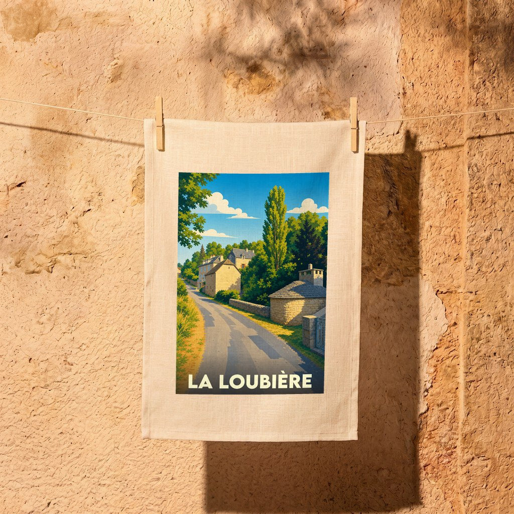 Torchon souvenir de la ville de La Loubière illustré d'une scène de village pittoresque dans un style affiche rétro.