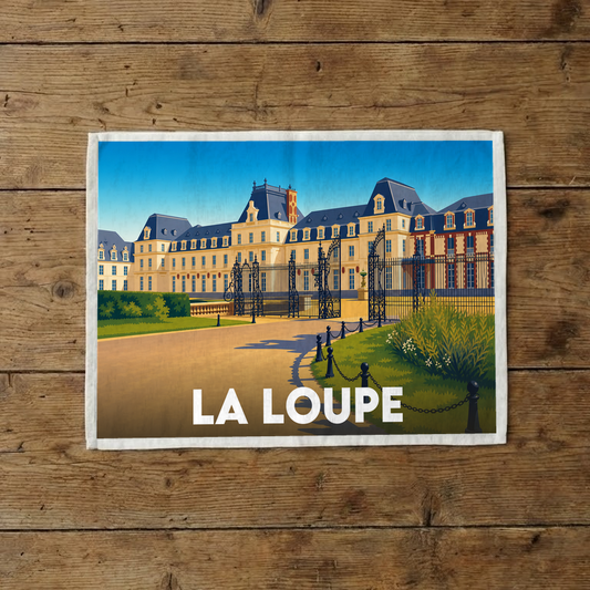 Torchon souvenir de la ville de La Loupe avec une illustration stylisée de son château.
