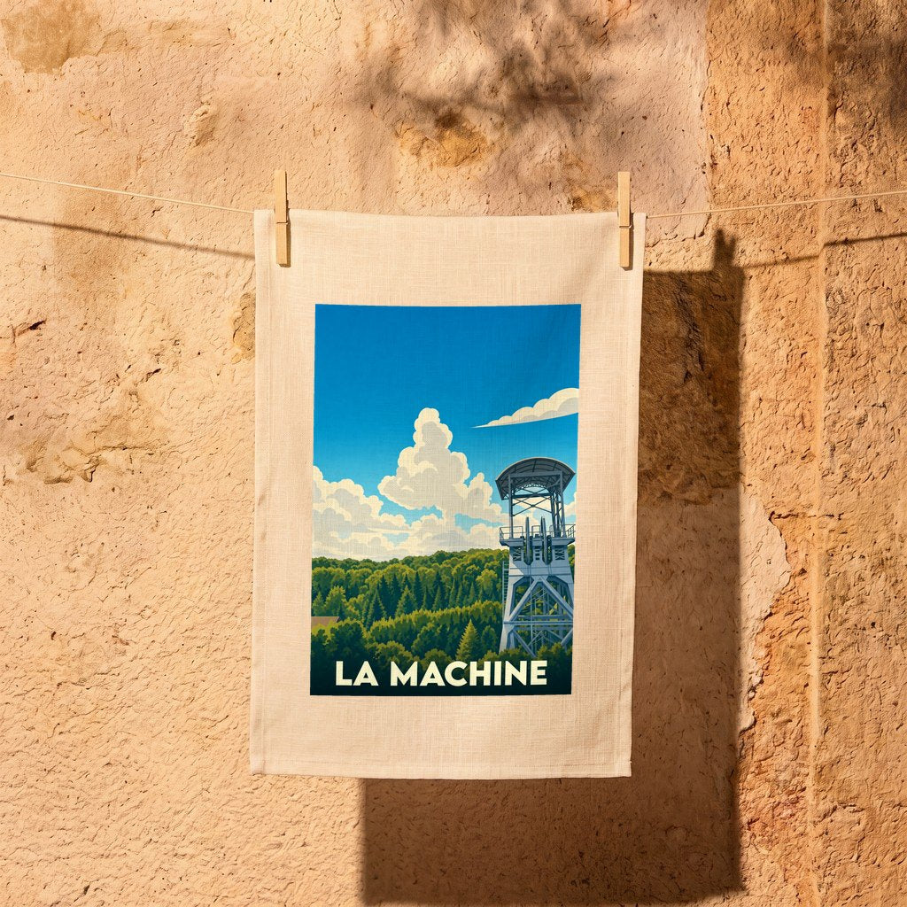 Torchon souvenir de la ville de La Machine illustrant un ancien chevalement de mine au-dessus de la forêt.