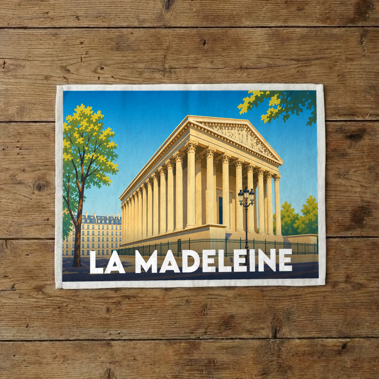 Torchon souvenir de la ville de La Madeleine avec une illustration stylisée de son église emblématique.