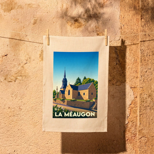 Torchon souvenir de la ville de La Méaugon orné d'une illustration stylisée de son église.