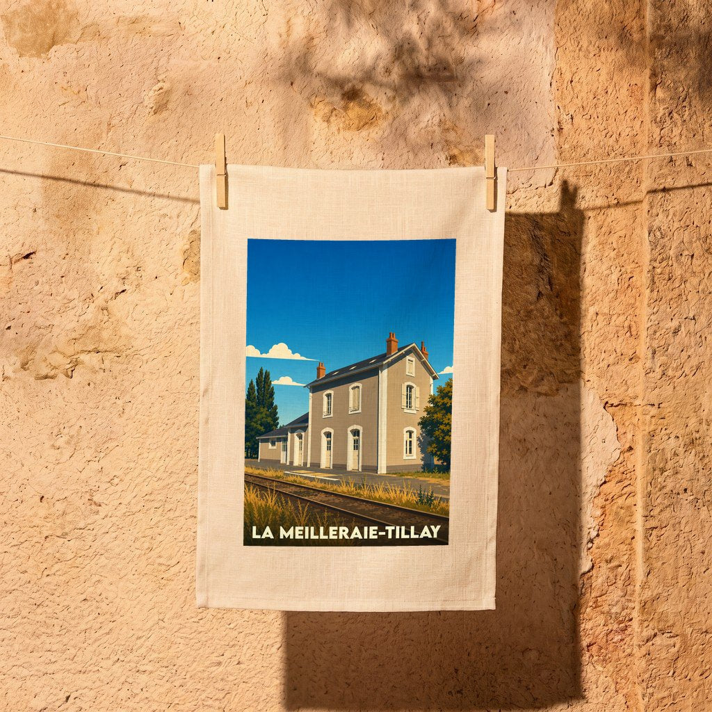 Torchon souvenir de la ville de La Meilleraie-Tillay avec une illustration stylisée de son ancienne gare.
