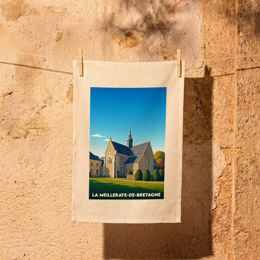 Torchon souvenir de la ville de La Meilleraye-de-Bretagne avec une illustration stylisée de son église.