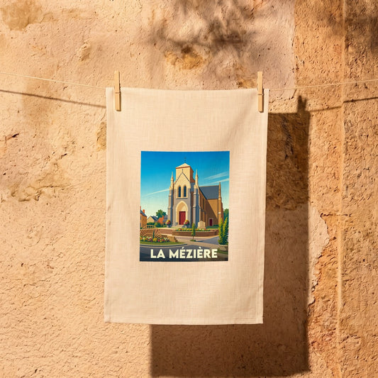 Torchon souvenir de la ville de La Mézière avec une illustration stylisée de son église.