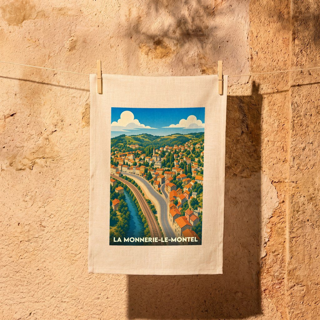Torchon souvenir de la ville de La Monnerie-le-Montel avec une illustration stylisée.