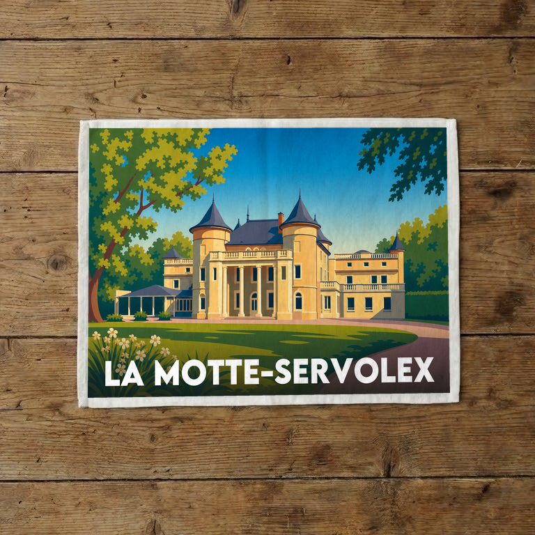 Torchon souvenir de la ville de La Motte-Servolex avec une illustration stylisée d'un château.