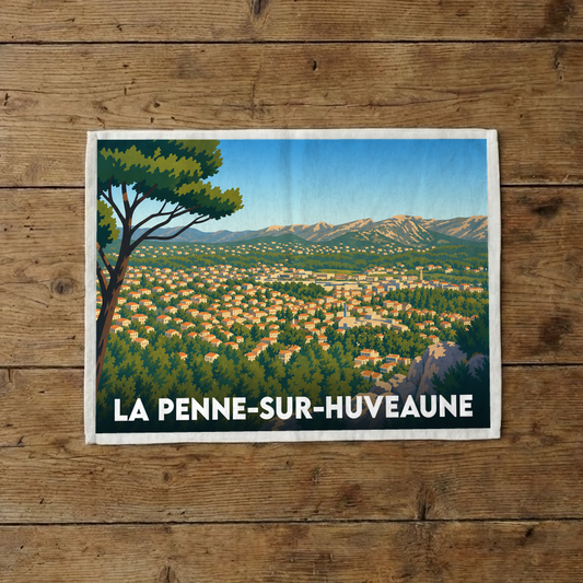 Torchon souvenir de la ville de La Penne-sur-Huveaune avec une illustration stylisée.