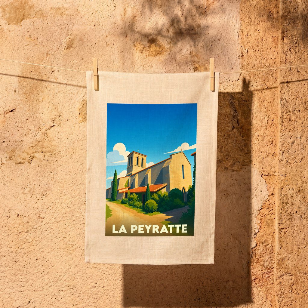 Torchon souvenir de la ville de La Peyratte avec une illustration stylisée d'une église sous un ciel bleu.