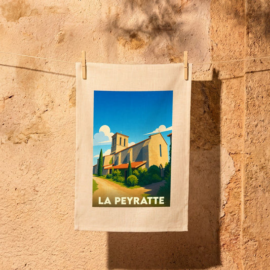 Torchon souvenir de la ville de La Peyratte avec une illustration stylisée d'une église sous un ciel bleu.