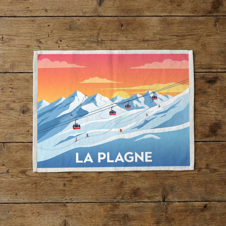 Torchon souvenir de la ville de La Plagne avec une illustration stylisée de montagnes enneigées et de télécabines.