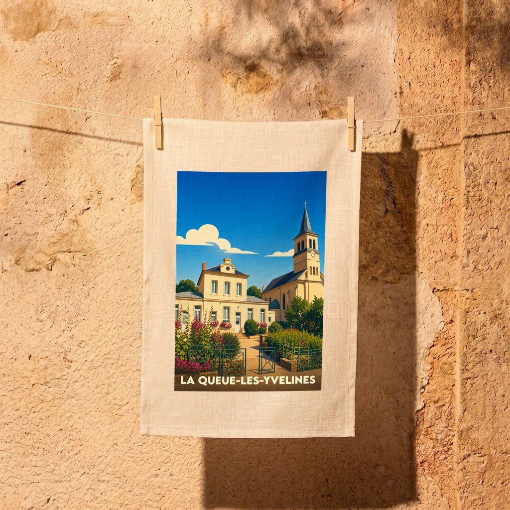 Torchon souvenir de la ville de La Queue-les-Yvelines avec une illustration stylisée d'un paysage urbain.