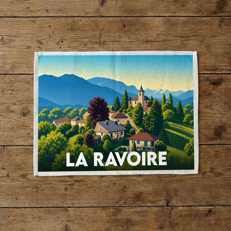 Torchon souvenir de la ville de La Ravoire avec une illustration stylisée de style affiche vintage.