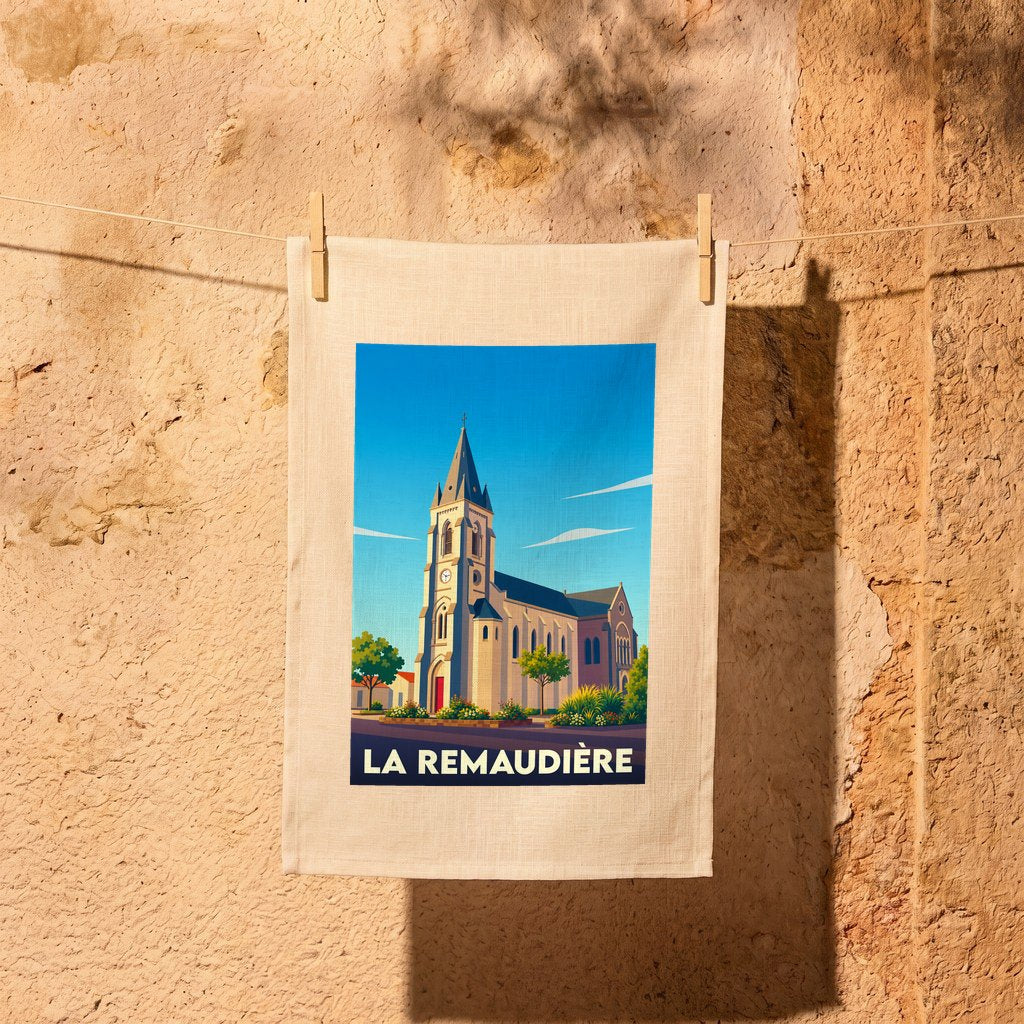 Torchon souvenir de la ville de La Remaudière avec une illustration stylisée de son église.