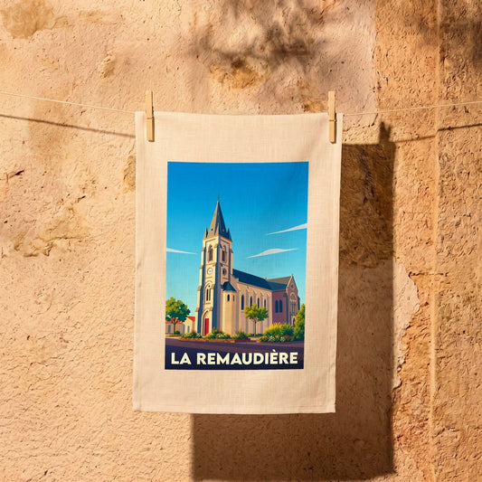 Torchon souvenir de la ville de La Remaudière avec une illustration stylisée de son église.