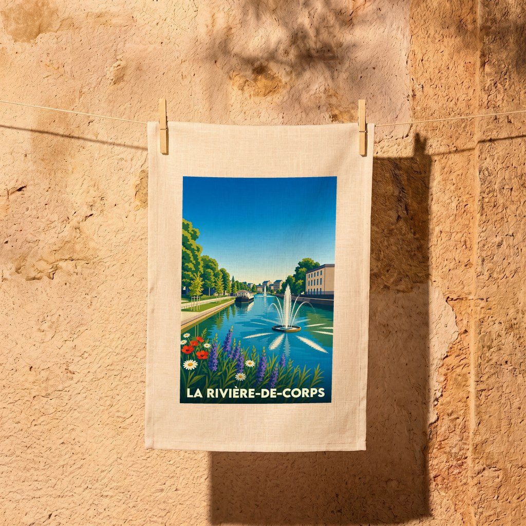 Torchon souvenir de la ville de La Rivière-de-Corps avec une illustration stylisée d'un canal et de son jet d'eau.