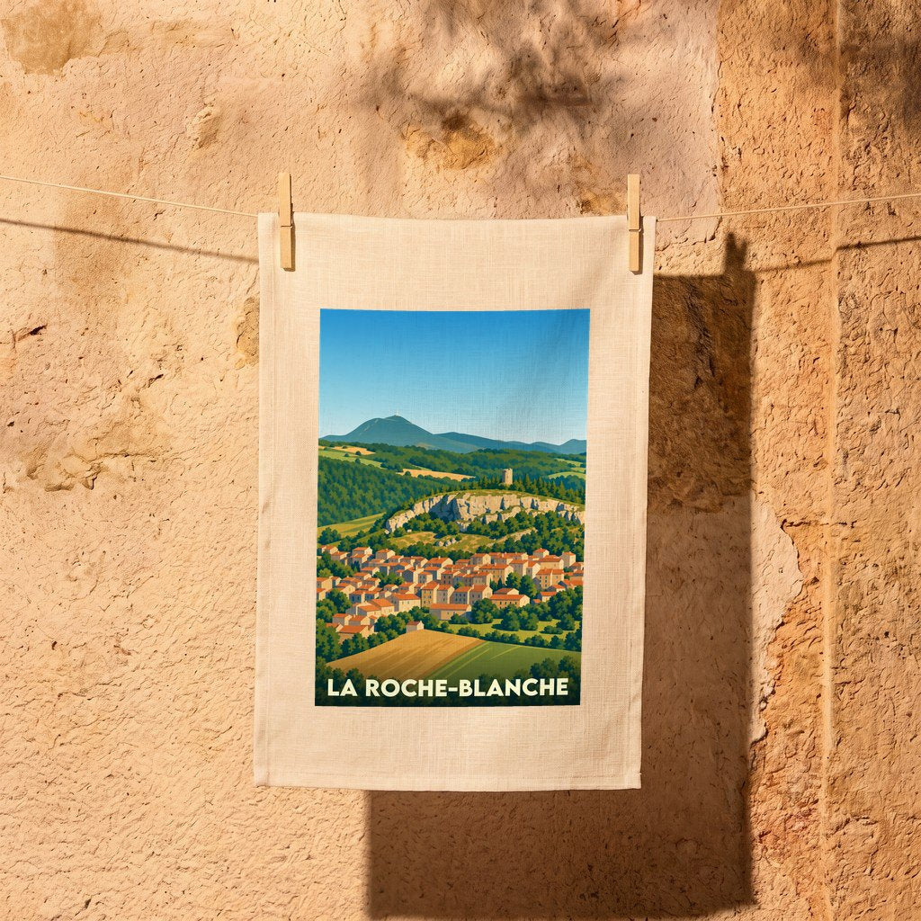 Torchon souvenir de la ville de La Roche-Blanche avec une illustration stylisée d'un paysage vallonné.