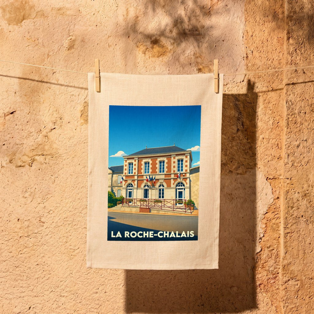 Torchon souvenir de la ville de La Roche-Chalais avec une illustration stylisée de sa mairie.