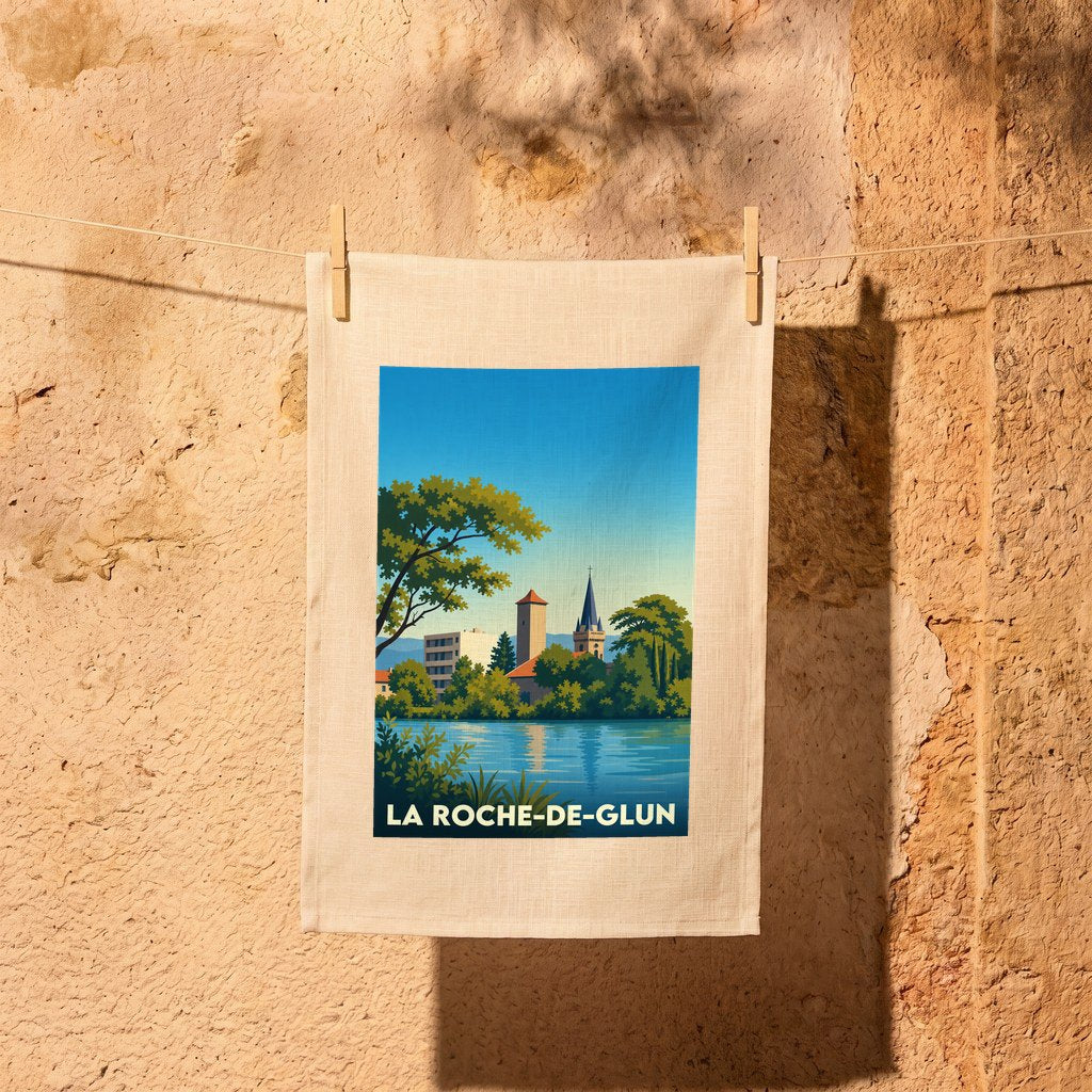 Torchon souvenir de la ville de La Roche-de-Glun avec une illustration stylisée des bords du Rhône.