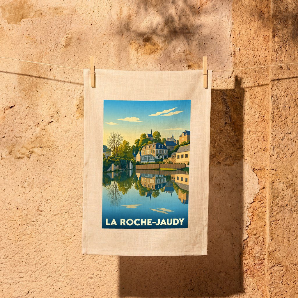 Torchon souvenir de la ville de La Roche-Jaudy avec une illustration stylisée.