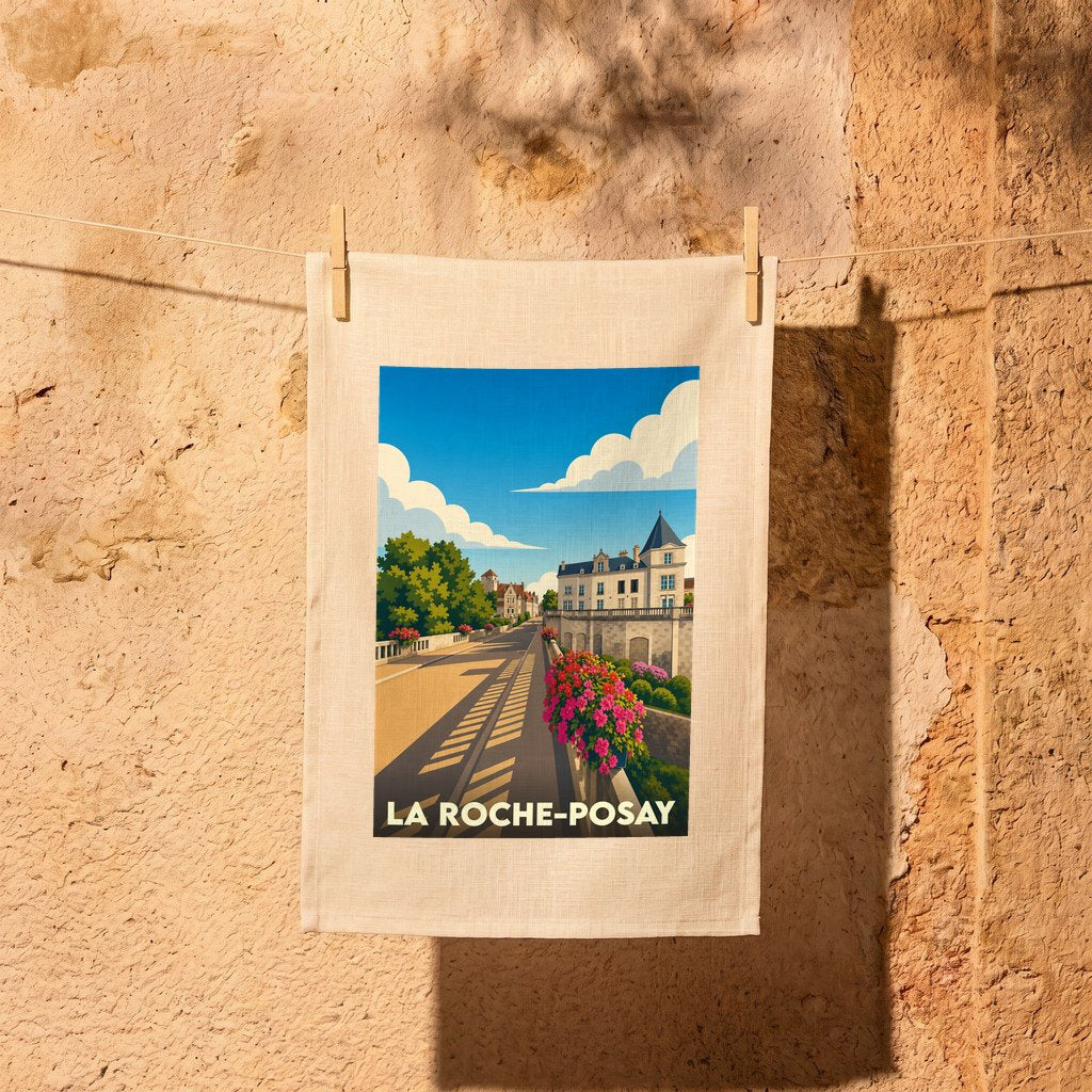 Torchon souvenir de la ville de La Roche-Posay avec une illustration stylisée.