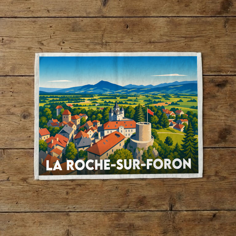 Torchon souvenir de la ville de La Roche-sur-Foron avec une illustration stylisée.