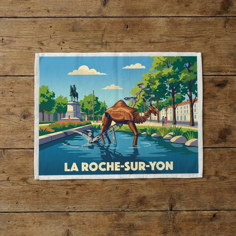 Torchon souvenir de la ville de La Roche-sur-Yon avec une illustration stylisée de son dromadaire mécanique.