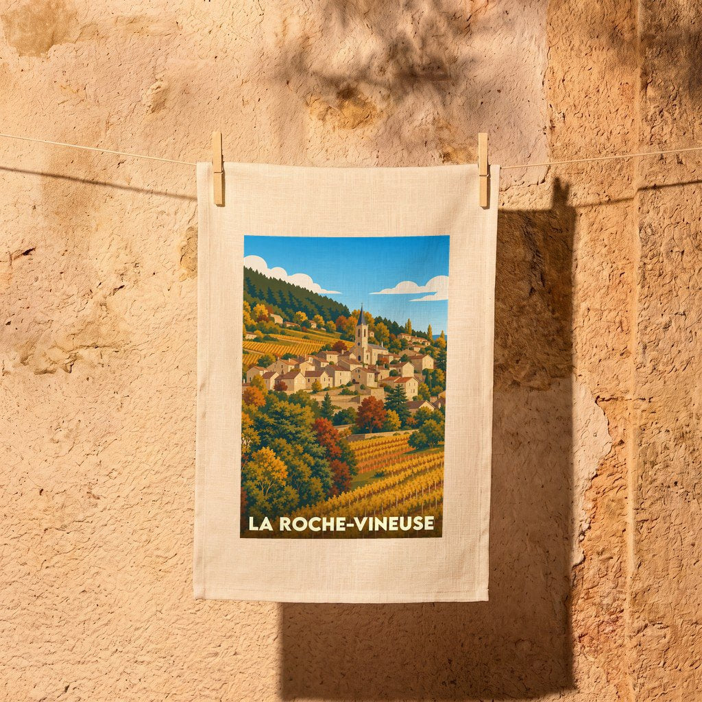 Torchon souvenir de la ville de La Roche-Vineuse avec une illustration stylisée d'un village et de son vignoble.
