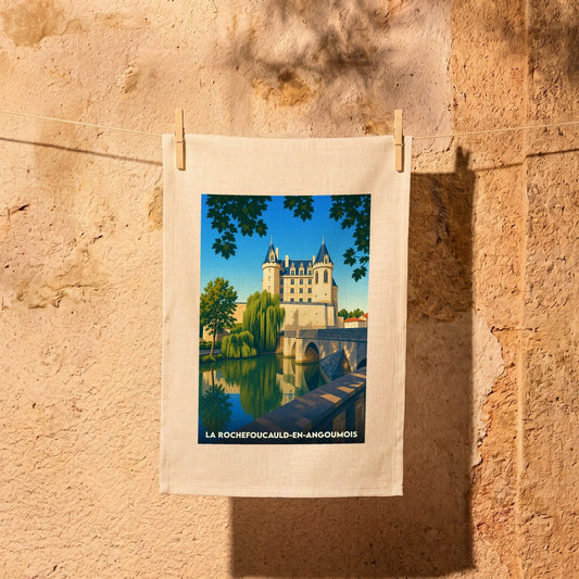 Torchon souvenir de la ville de La Rochefoucauld-en-Angoumois avec une illustration stylisée de son château.