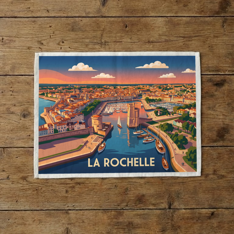Torchon souvenir de la ville de La Rochelle avec une illustration stylisée du port.