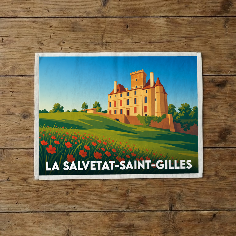 Torchon souvenir de la ville de La Salvetat-Saint-Gilles avec une illustration stylisée de son château et d'un champ de coquelicots.