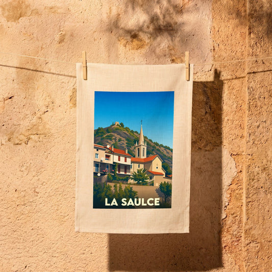 Torchon souvenir de la ville de La Saulce avec une illustration stylisée.