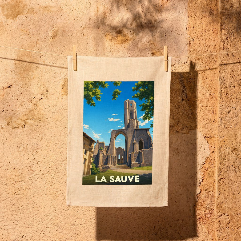 Torchon de cuisine souvenir de la ville de La Sauve illustrant les ruines de son abbaye sous un ciel bleu.