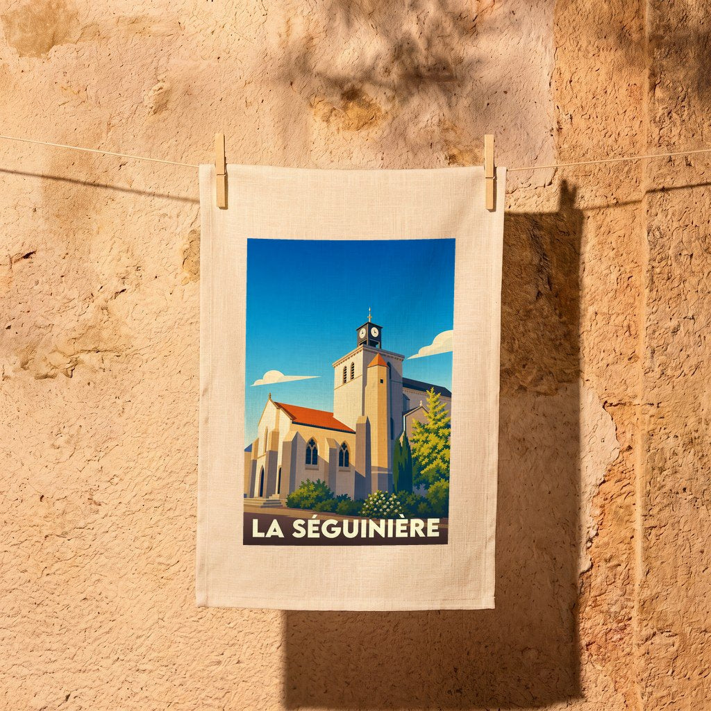 Torchon souvenir de la ville de La Séguinière orné d'une illustration stylisée de son église.