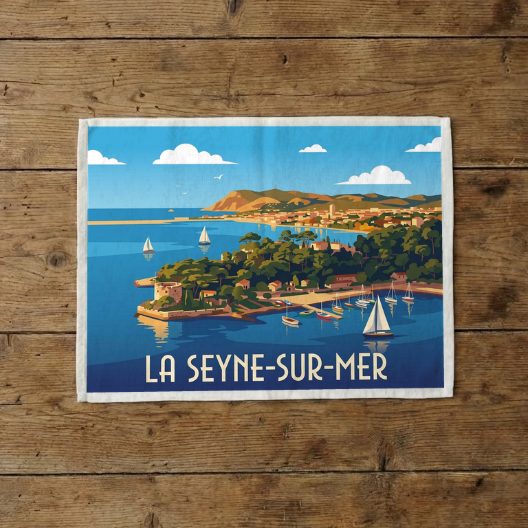 Torchon souvenir de la ville de La Seyne-sur-Mer avec une illustration stylisée de son littoral.