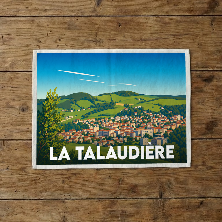 Torchon souvenir de la ville de La Talaudière avec une illustration stylisée de son paysage urbain et vallonné.