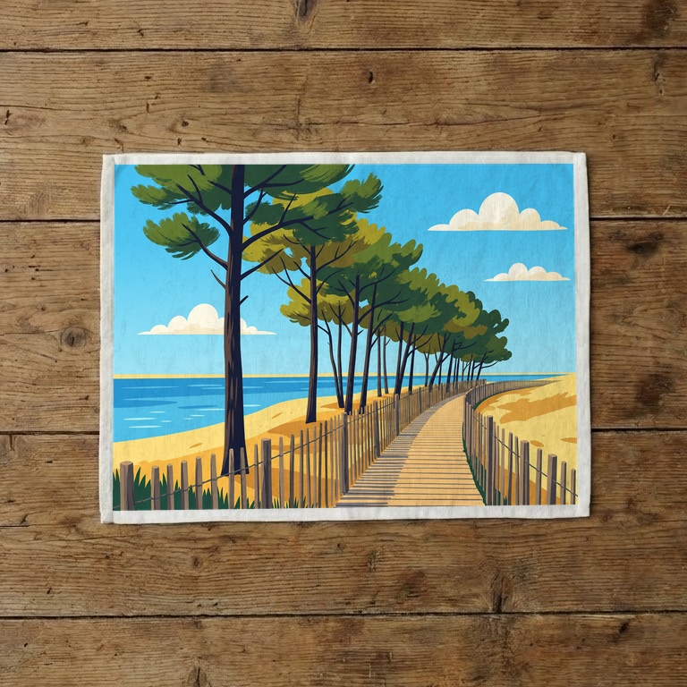 Torchon souvenir de la ville de La Teste-de-Buch avec une illustration stylisée d'un sentier bordé de pins menant à la plage.