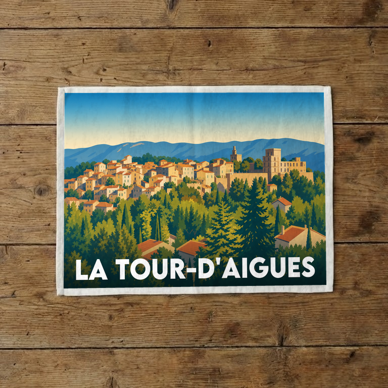 Torchon souvenir de la ville de La Tour-d'Aigues avec une illustration stylisée.