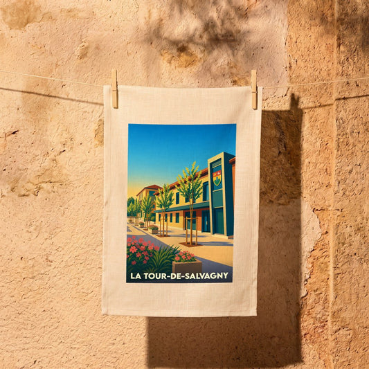 Torchon souvenir de la ville de La Tour-de-Salvagny avec une illustration stylisée.