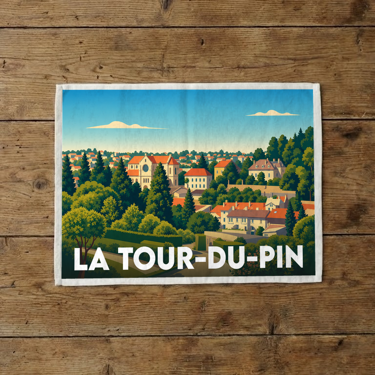 Torchon souvenir de la ville de La Tour-du-Pin avec une illustration stylisée.
